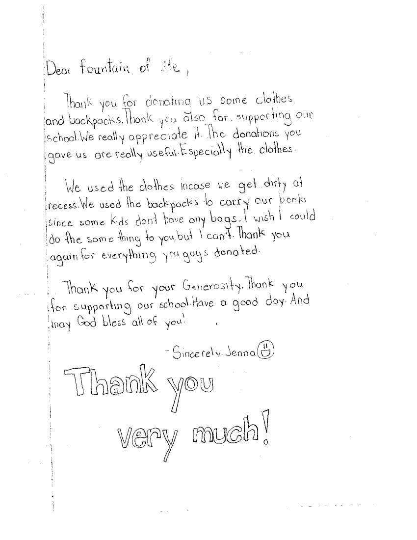 Thank You Letter from Local Students